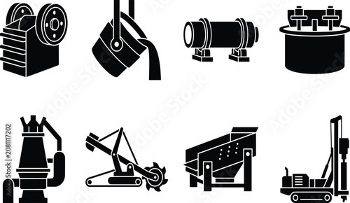 Bild auf Leinwand Industrial mining machinery and heavy metallurgy equipment black silhouettes set
