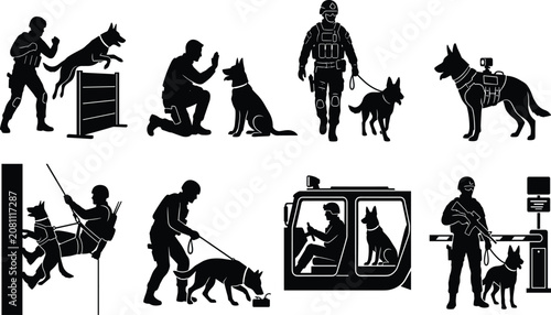Military and police k9 dog units silhouettes set featuring tactical training patrol and rescue operations vectors
