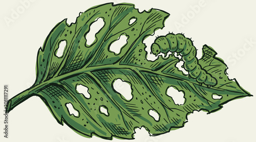 Bild auf Leinwand Damaged vibrant green plant foliage featuring distinctive holes and irregular patterns caused by hungry caterpillar insects feeding in a garden environment during summer season