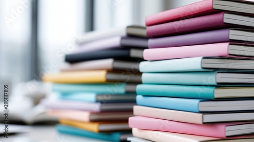 The vibrant collection of textbooks and notebooks suggests academic pursuits, extensive reading.