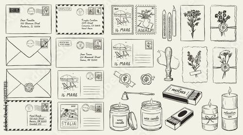 Fotografía Collection of vintage envelopes featuring antique mail postmarks, nostalgic postcards, decorative red sealing wax, and handmade stationery cards for artistic scrapbooking or romantic correspondence