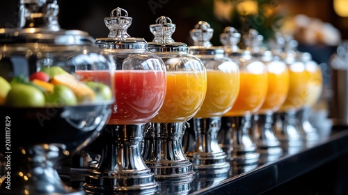 Colorful fruit juices in glass dispensers