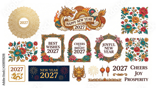 Chinese new year 2027 graphic elements collection with dragons and floral borders ornament oriental traditional celebration greeting illustration prosperity decorative mythology isolated