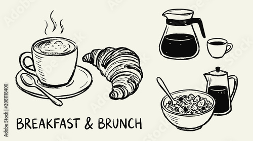Foto Minimalist hand-drawn doodle vector illustration featuring a fresh buttery croissant and a steaming cup of hot espresso coffee for a delicious morning breakfast or healthy brunch meal set
