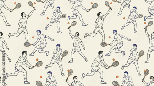 Εκτύπωση καμβά Professional male athletes in dynamic action poses playing tennis, holding rackets and hitting balls in a set of various energetic sports positions on a court during a competitive match