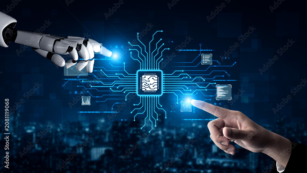 Fototapeta premium AI Assistant Brain Processor with LLM Technology, Big Data, Machine Learning, Generative AI for Business Support, Future Agentic AI Technology and Artificial Intelligence Prompt Engineering. Vouch