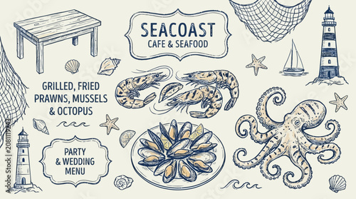 Canvastavla Charming Coastal Seafood Restaurant and Seacoast Cafe Hand-Drawn Doodle Ink Illu