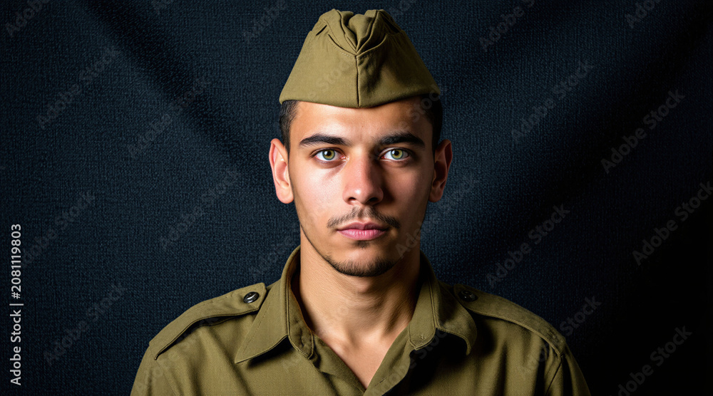 Fototapeta premium Young man in olive military uniform and cap poses seriously against dark textured background. He has bright green eyes and a clean-shaven face, looking directly forward.