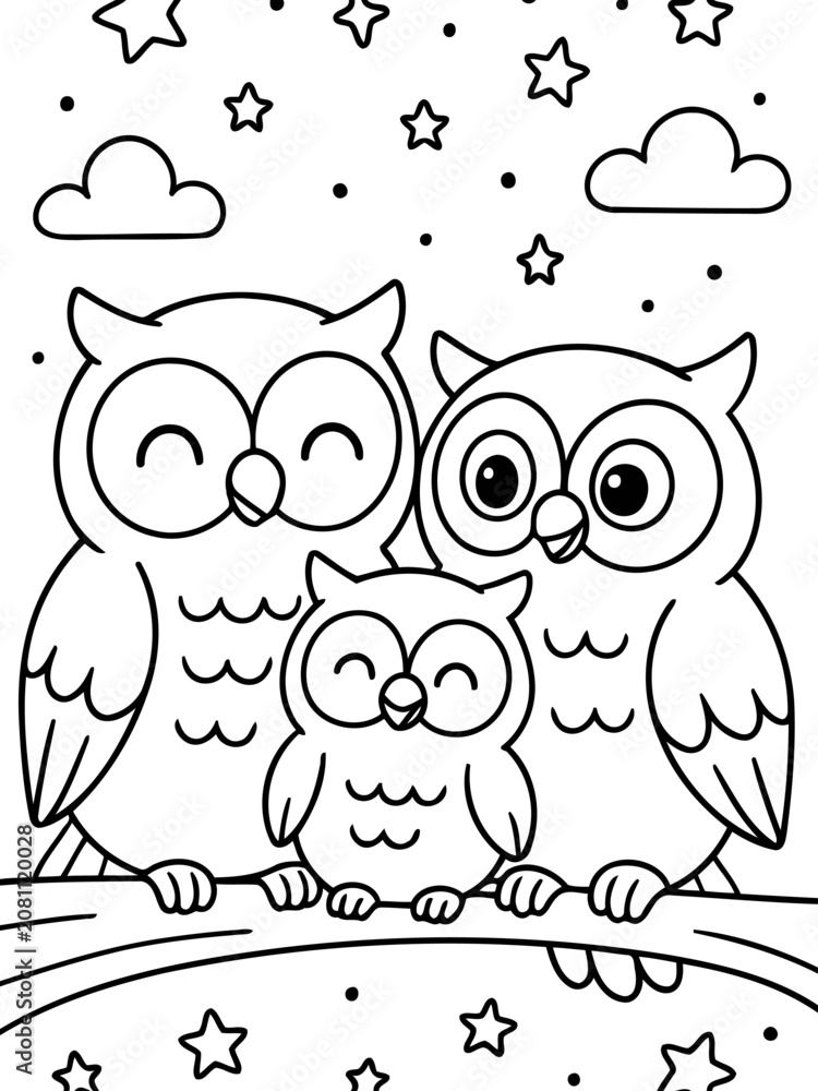 Fototapeta premium Owl Family Coloring Page: A charming illustration depicts a family of owls, including parents and a young chick, perched on a branch under a starry night sky.