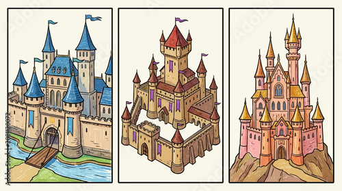 Bild auf Leinwand Majestic collection of three medieval stone castles with tall fortress towers, royal kingdom fortified palace architecture, ancient historical bastions in a fantasy landscape setting