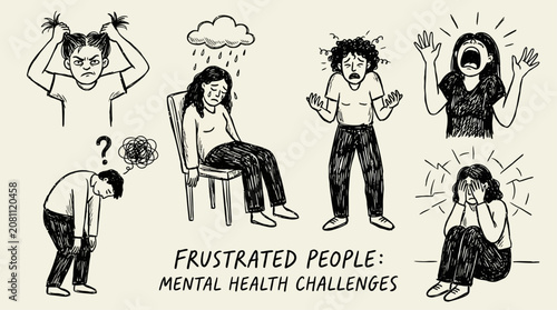 Billede på lærred Hand Drawn Vector Illustration Set of Frustrated Unhappy People Cartoon Characte