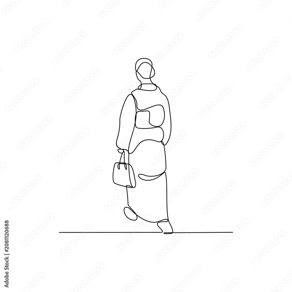 Obraz premium Japanese woman standing in kimono continuous line icon, traditional female character vector illustration in minimalist one line outline style, isolated on white background for culture design
