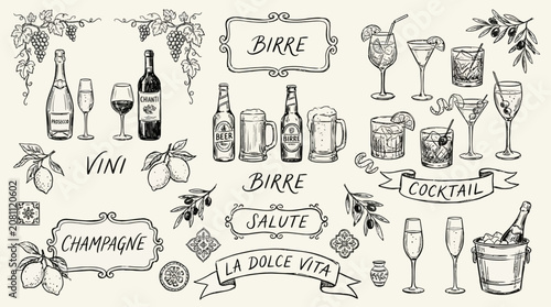 Cuadro en lienzo Hand drawn ink line art illustration of the Italian dolce vita lifestyle featuring Sicilian Amalfi coast vibes with traditional wine glass cold beer bottle and refreshing summer cocktail drinks