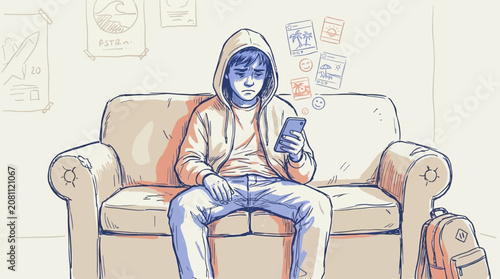 Tableau sur toile Upset lonely young boy sitting indoors feeling bored and neglected while scrolling through social media feed on his mobile smartphone watching friends' posts with a sad facial expression
