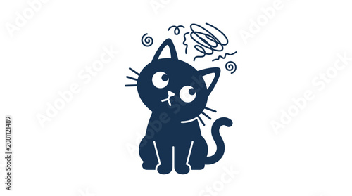 Konstfotografi Confused Black Cat Sitting with Swirling Thoughts Above Head