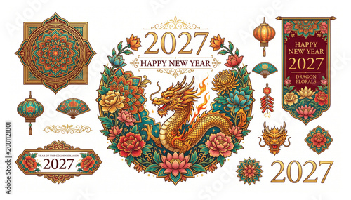 2027 chinese new year decoration elements featuring golden dragon and floral ornaments ornament celebration traditional prosperity illustration decorative template invitation greeting