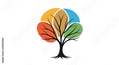 Abstract Colorful Tree Icon with Segmented Circular Canopy. Nature, Growth, Diversity, and Environment Concept Graphic.
