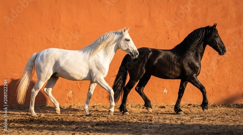 Majestic white and black horses, elegant equine duo walking gracefully, powerful stallions in motion, beautiful animal partnership, vibrant orange background.