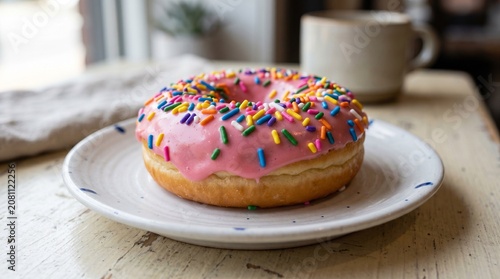 Foto Vibrant pink frosted donut with colorful sprinkles, a sweet bakery treat