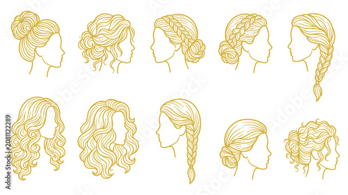 Foto Womens hairstyle collection with elegant braids buns and loose waves in golden line style