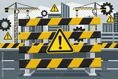 Construction site with yellow, black striped barriers, hazard signs. Cranes, gears are visible in background. City buildings, road outline indicate urban area. Safety, warning are emphasized.