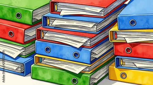 Colorful binders filled with documents stacked neatly. These office supplies organize papers for business needs. They provide storage for records and data in a tidy system.