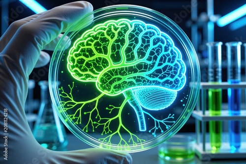 Lab gloved hand holds petri dish with glowing brain neural network. Science research shows mind connectivity, genetic study, medical innovation, and AI development.
