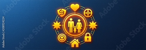 Family protection icons form circle around parents and child. Symbols like shield heart lock house and stars represent security safety and care. Digital art concept.