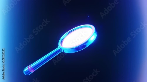 A neon-lit magnifying glass floats against a dark gradient backdrop, reflecting a vibrant glow
