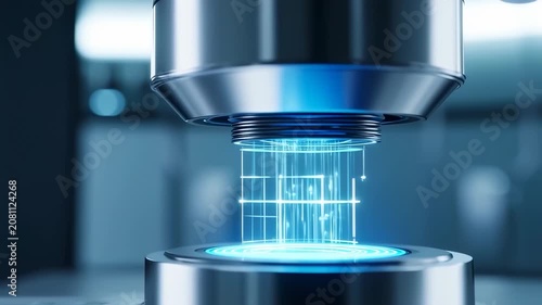 Close-up of futuristic, glowing blue energy passing between a metallic device's components