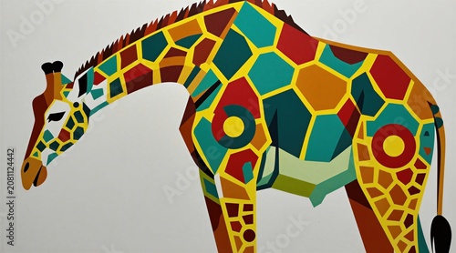 Abstract geometric giraffe art. Vibrant modern illustration with bold shapes and colors. Contemporary graphic design of wild animal. Stylized creature perfect for decoration.