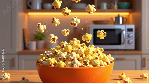 Fresh popcorn falls into bright orange bowl. Cozy kitchen background warm light. Modern microwave on counter. Fun snack preparation for movie night.