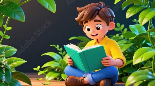 Smiling boy reads book outdoors among green plants. Young child sits on wooden floor learning and enjoying story. Cute 3d character has fun with outdoor nature.