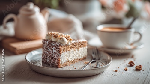 Delicious cream cake slice and tea on table