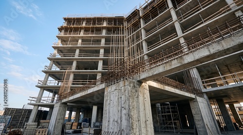 construction, building, architecture, concrete, site, structure, development, industrial, frame, unfinished, reinforcement, steel, scaffolding, urban, project, engineering, workplace, meta
