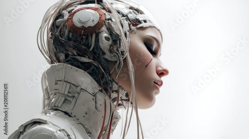 Cyborg woman side profile with intricate wiring and mechanics