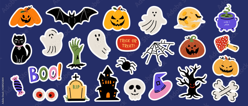Fototapeta premium A set of cute Halloween-themed stickers featuring a pumpkin, ghost, bat, cat, skull, cauldron, and haunted house. A festive collection of Halloween clip art.
