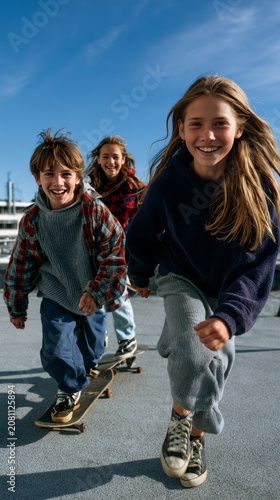 Three happy children skateboarding together on a sunny day with blue sky