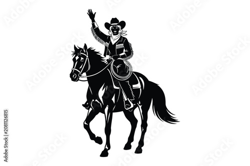 Cuadro en lienzo Cowboy riding a horse on a wild west adventure black and white vector silhouette