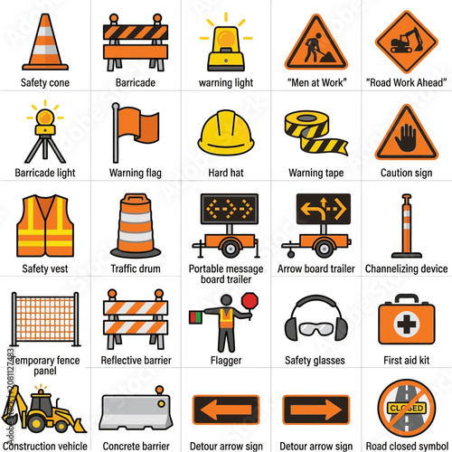 Collection of construction and safety equipment icons for roadwork and traffic control