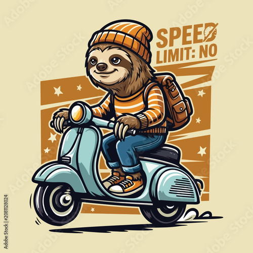 Schilderij op canvas Sloth riding scooter with backpack.