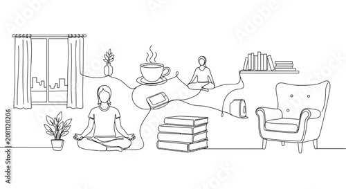 Fotografie Relaxing home scene with people meditating, books, coffee, and armchair, line ar