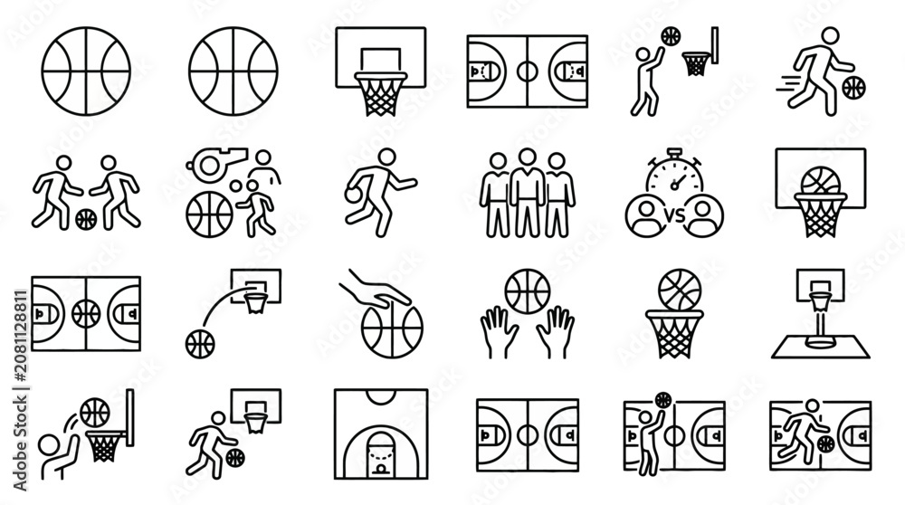 Fototapeta premium Vector Icons Basketball sports icon set with outline thin line style featuring players courts and equipment. EPS Editable