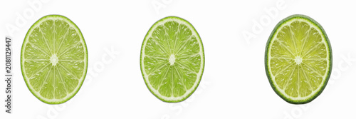 Set of Three Fresh Lime Slices Isolated on White Background Vibrant Green Citrus Fruit Rounds Organic Food Element for Culinary Projects Healthy Tropical Ingredient Perfectly Cut Circle Ready for Prof