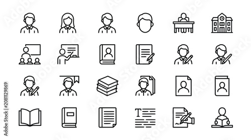 Vector Icons Education and school line icon set featuring students teachers books and classroom symbols. EPS Editable