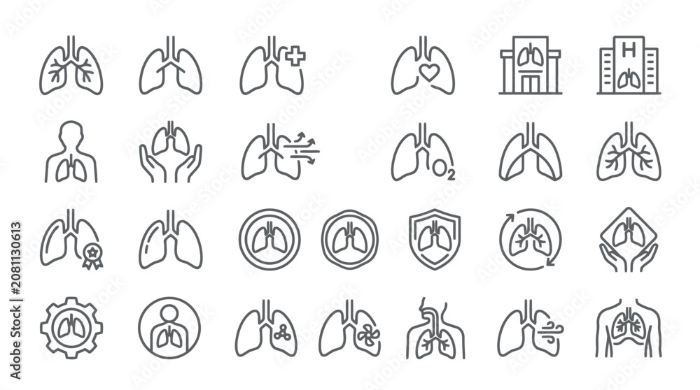 Fototapeta premium Vector Icons Human Lungs and Respiratory System Medical Line Icon Set. EPS Editable