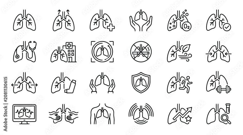 Fototapeta premium Vector Icons Human Lungs Health and Respiratory System Line Icon Set for Medical and Wellness Design. EPS Editable