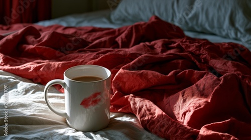 Morning coffee with a kiss mark on a rumpled bed