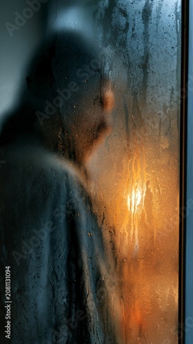 Silhouette of a person seen through a steamy window with warm light behind