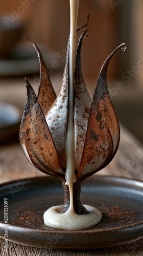 Gourmet chocolate dessert shaped like a flower with cream pouring